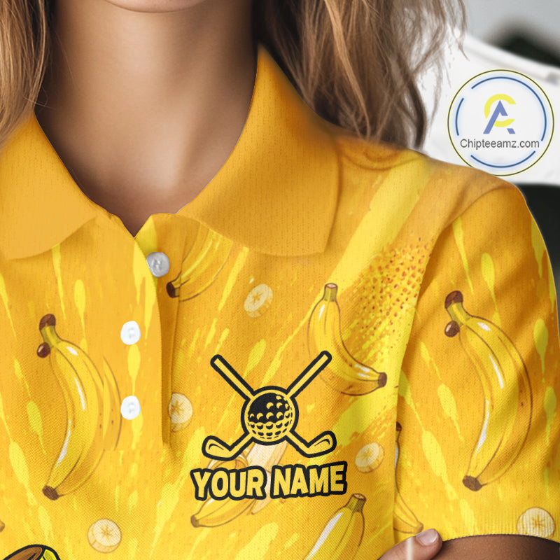 Yellow polo shirt with banana pattern and 'Your Name' text on a mannequin.