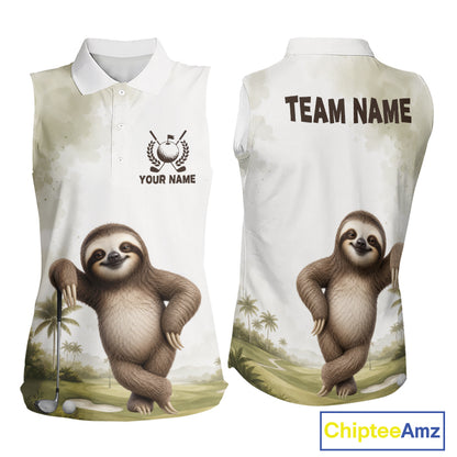 Sleeveless golf shirt with sloth design and customizable text on a white background