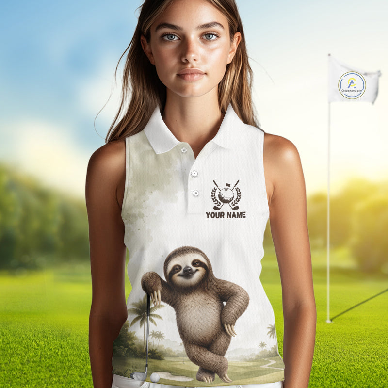 Person wearing a white sleeveless golf shirt with a sloth design on a golf course background