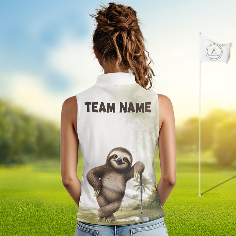 Person wearing a sleeveless shirt with a sloth graphic and 'TEAM NAME' text on a golf course.