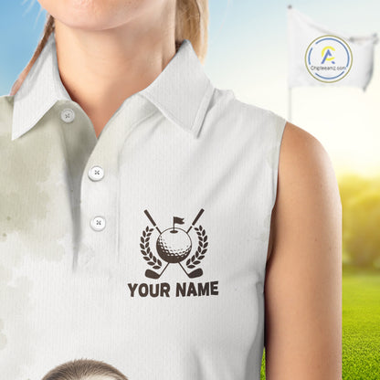 White sleeveless polo shirt with golf-themed design and 'Your Name' text on a blurred golf course background.