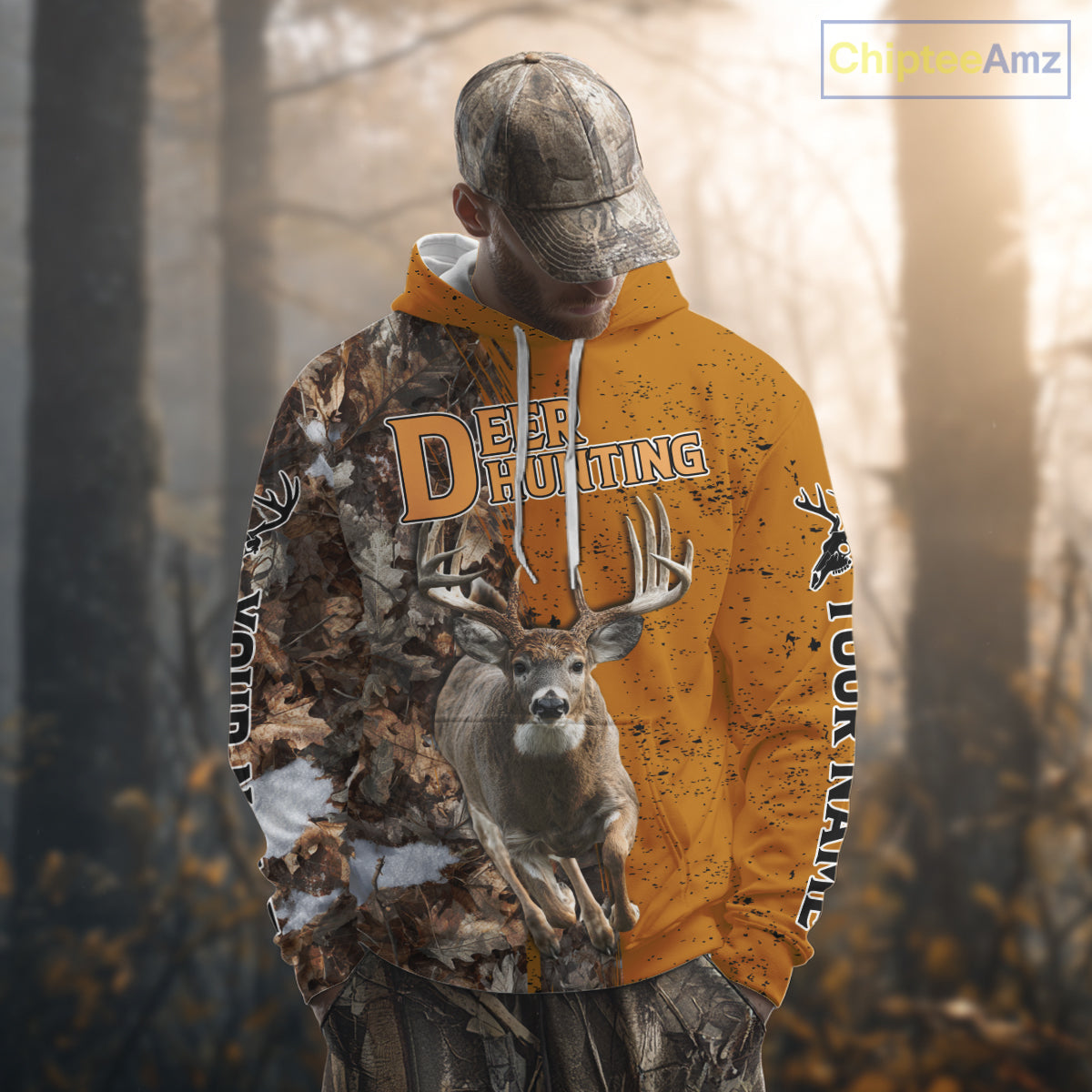 Hunting Shirt with Running Deer Design – Blaze Orange Camo Custom Name 3D Print NHT288