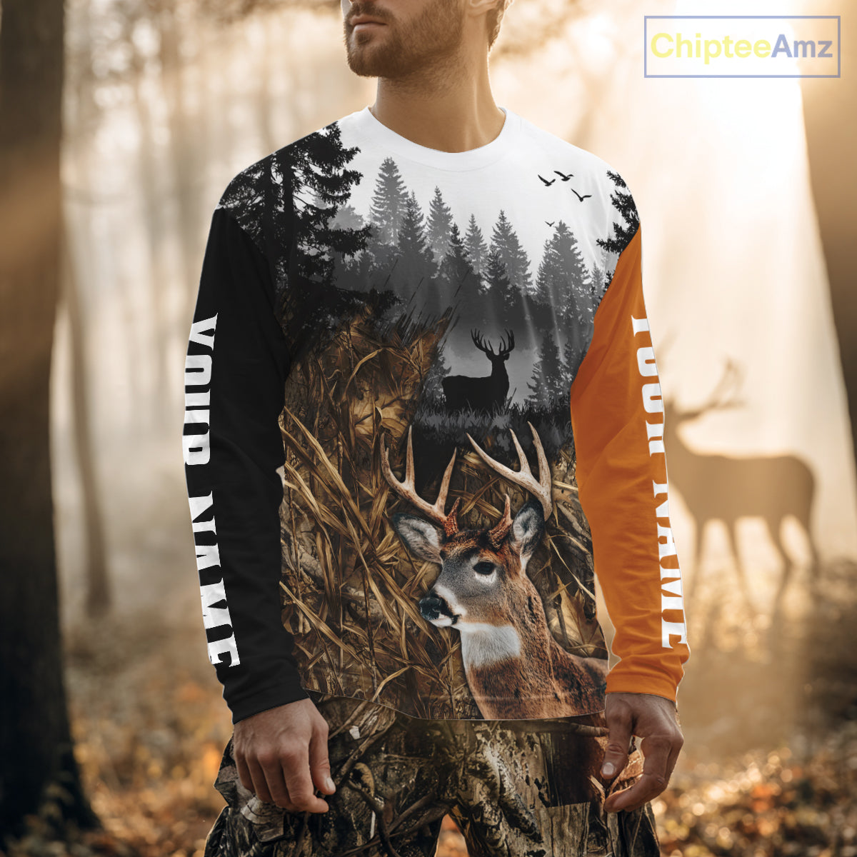 Whitetail Deer Hunting Shirt  – Blaze Orange Camo Black Custom Name 3D Print NHT290