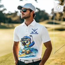 Load image into Gallery viewer, Close up of personalized surfing parrot mens golf polo shirt, breathable polyester fabric, custom name area.