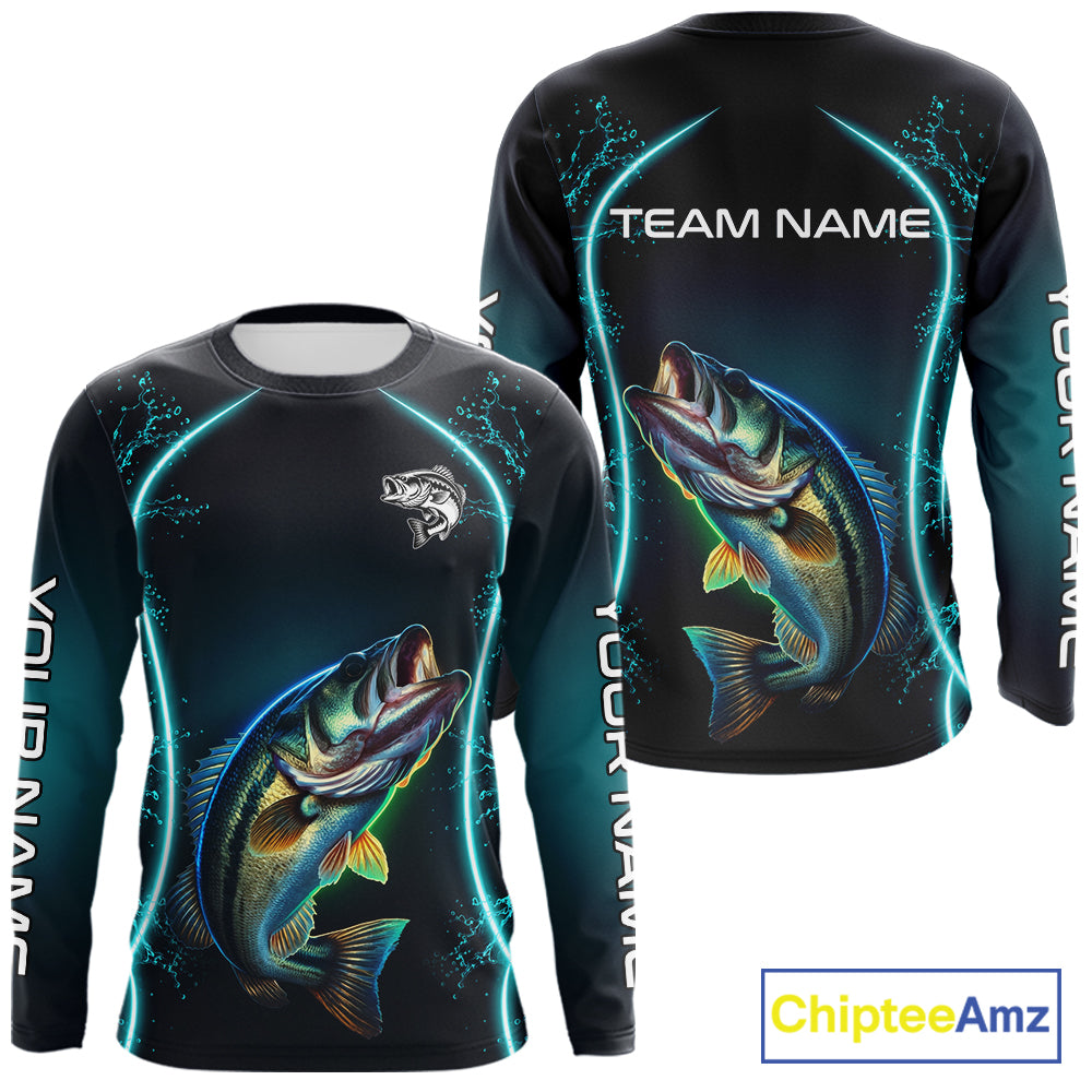 Personalized Neon Bass Fishing Shirt, Largemouth Bass Long Sleeve Performance Apparel 