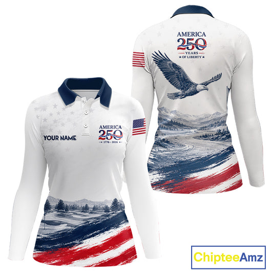 Personalized American Flag Womens Golf Polo Shirt – Patriotic Eagle USA Apparel NHT1032