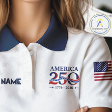 Load image into Gallery viewer, White polo shirt with 'America 250' design and American flag, featuring Chipteamz logo.