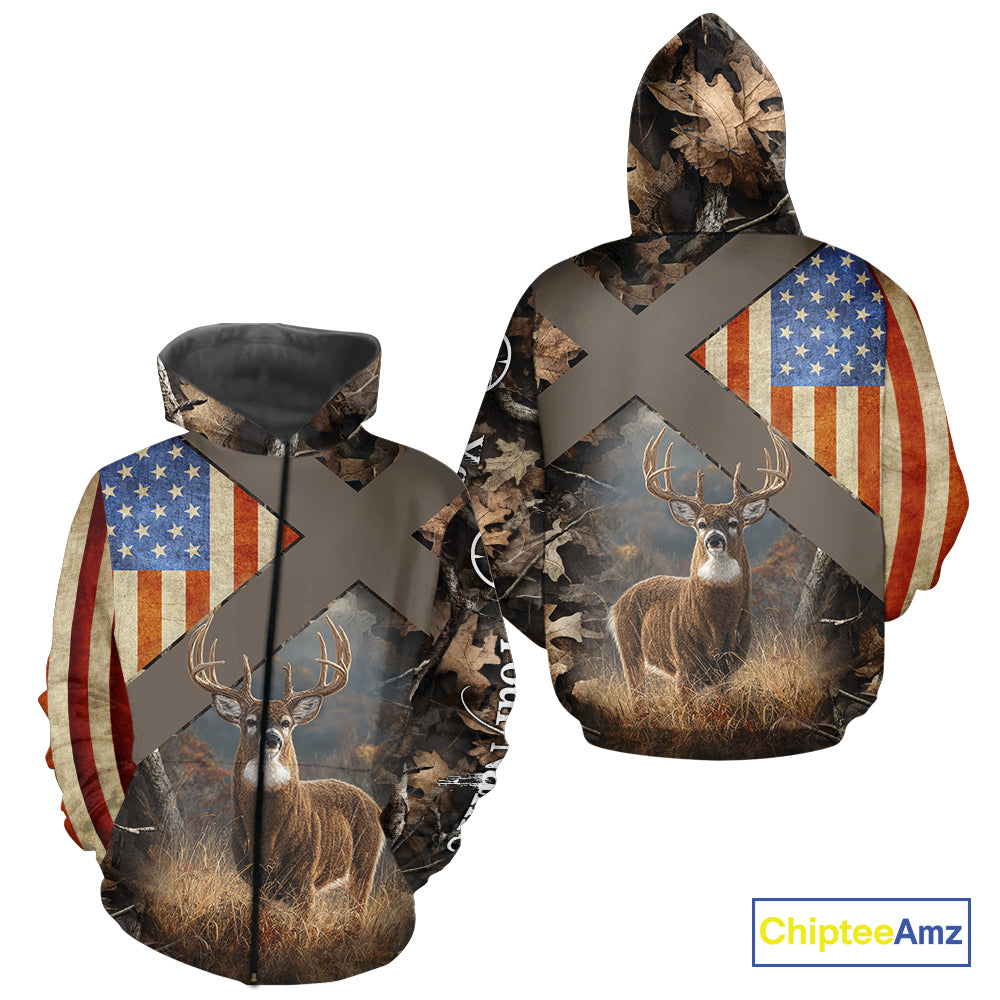 American Flag Deer Hunting Hoodie For Men – 3D Whitetail Buck Camo NHT336
