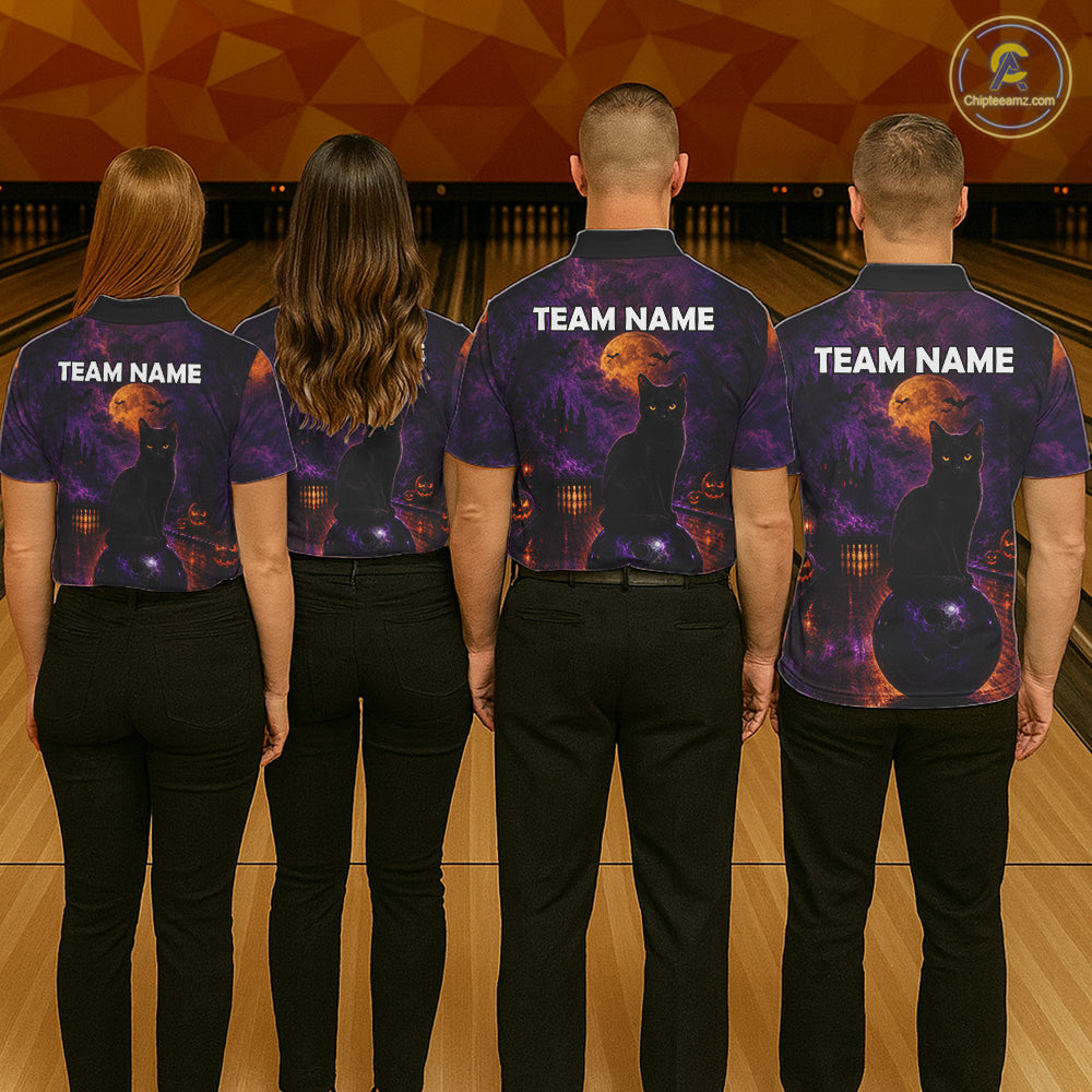 Black Cat Halloween Bowling Polo Shirt Custom Name Team Quarter Zip Jersey For Women NHT1351