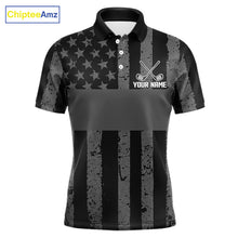 Load image into Gallery viewer, Black White American Flag Mens Golf Polo Shirts Custom Name, Team Name For Men Golf Gift NHT886