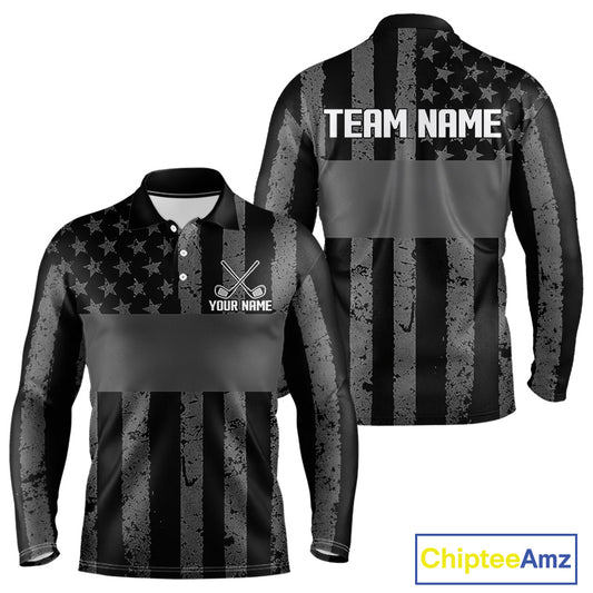 Black White American Flag Mens Golf Polo Shirts Custom Name, Team Name For Men Golf Gift NHT886