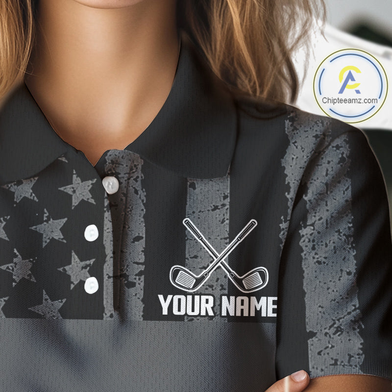 Black White American Flag Womens Golf Polo Shirts Custom Name, Team Name For Women Golf Gift NHT886