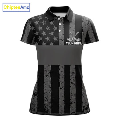 Black White American Flag Womens Golf Polo Shirts Custom Name, Team Name For Women Golf Gift NHT886