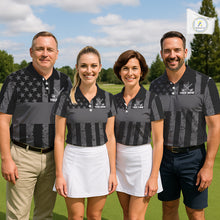 Load image into Gallery viewer, Black White American Flag Womens Golf Polo Shirts Custom Name, Team Name For Men Golf Gift NHT886