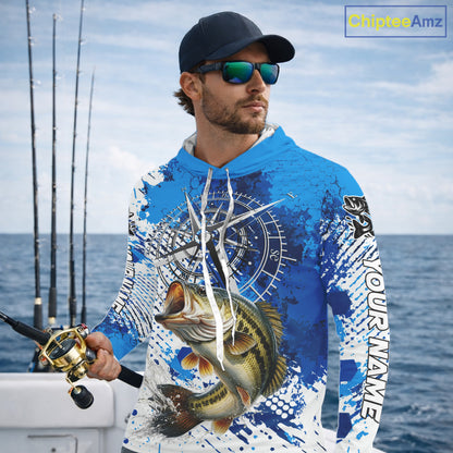 Blue Camo Custom Largemouth Bass Compass Hooded Long Sleeve Tournament Fishing Shirts NHT527