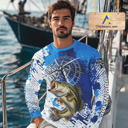 Blue Camo Custom Largemouth Bass Compass Long Sleeve Tournament Fishing Shirts NHT527