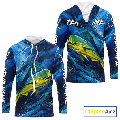 Back view of custom mahi mahi hooded fishing shirt made from lightweight polyester with UPF 30+ sun protection.