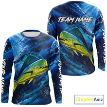 Load image into Gallery viewer, Back view of custom mahi mahi fishing shirt made from breathable polyester with UPF 30+ sun protection.