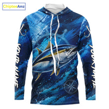 Load image into Gallery viewer, Custom Tuna Fishing Jersey long sleeve hooded shirt with bold tuna graphic and performance fit.