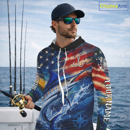 Marlin Fishing Shirt American Flag 3D All Over Print Long Sleeve Hooded Performance Apparel For Men NHT1088