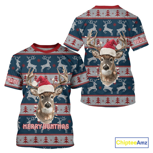 Funny Ugly Sweater Pattern Deer Hunting Customized Name All Over Print Shirts Christmas Shirt NHT305
