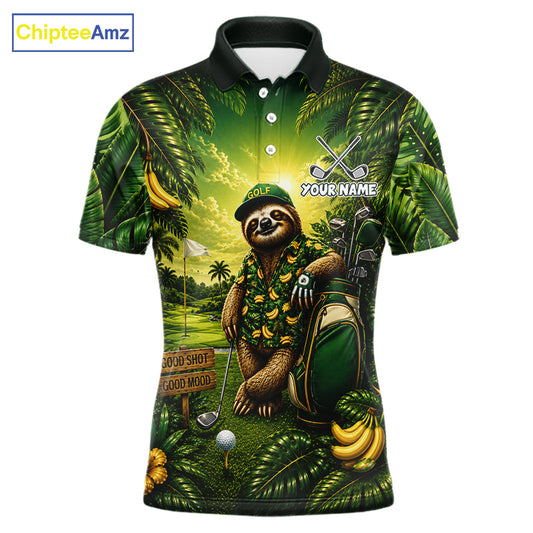 Custom Green Funny Sloth Tropical Mens Golf Polo Shirts, Golf Tournament Jersey For Men NHT927