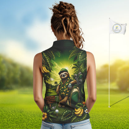 Custom Green Funny Sloth Tropical Womens Sleeveless Golf Polo Shirts, Golf Team Jersey For Women NHT927