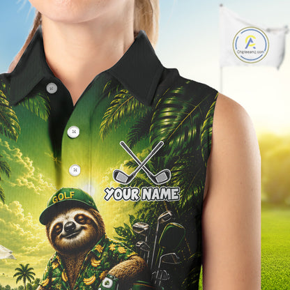 Custom Green Funny Sloth Tropical Womens Sleeveless Golf Polo Shirts, Golf Team Jersey For Women NHT927