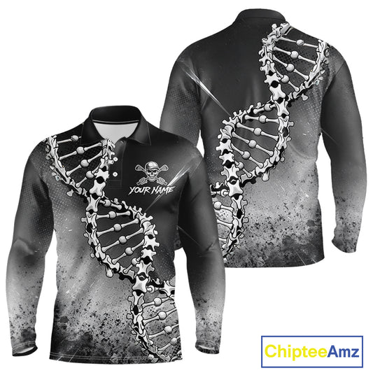 Custom Black Grey Mens Golf Polo Shirt DNA Skull Design, Personalized Name Golf Shirt, Golf Team Shirt NHT793