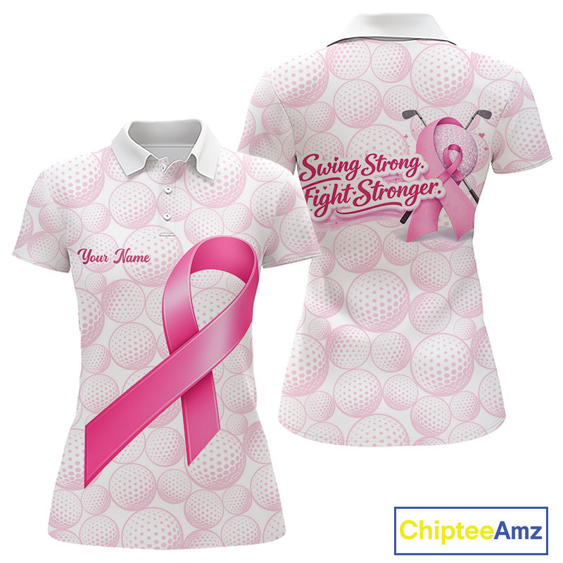 Swing Strong Fight Stronger Pink Ribbon Custom Breast Cancer Ladies Golf Polo Shirt NHT796