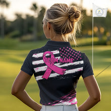 Load image into Gallery viewer, Pink Ribbon American Flag Flamingo Funny Women Golf Polo Shirts Custom Breast Cancer Awareness NHT798