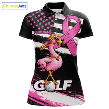 Load image into Gallery viewer, Pink Ribbon American Flag Flamingo Funny Women Golf Polo Shirts Custom Breast Cancer Awareness NHT798