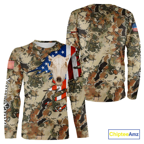 Boar Hunting Shirt Camo Custom Name American Flag Skull Hunting Clothes For Hunters NHT159