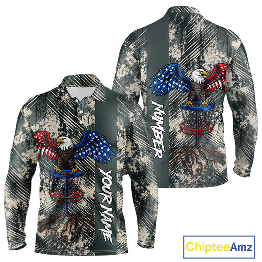 Disc Golf Polo Shirt With Patriotic Eagle Design, Customizable Name, Unisex Sports Jersey For Men NHT806