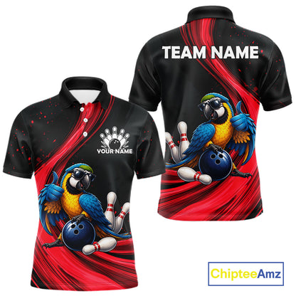 Front and back views of a black short-sleeve polo shirt with a red graphic design, featuring a blue and yellow macaw bird and bowling balls, with customizable text placeholders 'TEAM NAME' and 'YOUR NAME'.