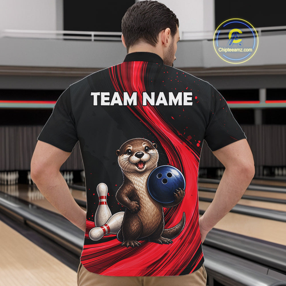 Otter Bowling Shirt Custom Name Black Red Bowling Ball Personalized Team Jersey For Men NHT1273