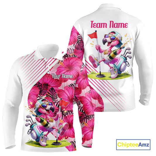 Custom Flamingo Funny Mens Golf Polo Shirt – Personalized Tropical Flower Design NHT595
