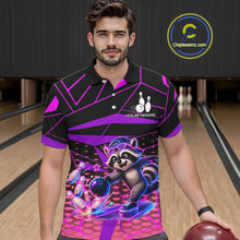 Load image into Gallery viewer, Man wearing a colorful bowling shirt with a raccoon graphic in a bowling alley.
