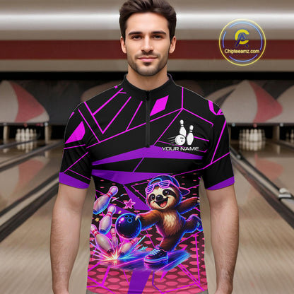 Man wearing a colorful bowling shirt with a design of a panda bowling in a bowling alley.