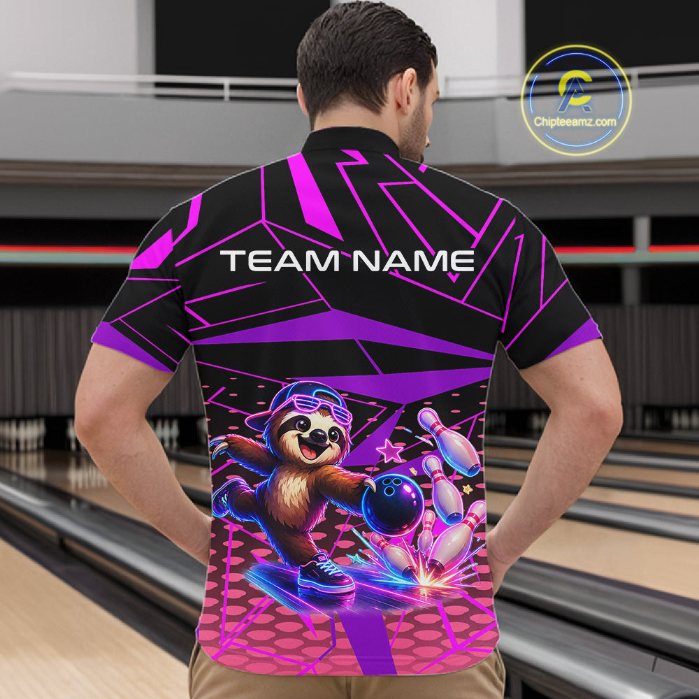 Person wearing a colorful bowling shirt with a design of a bear bowling and 'TEAM NAME' text, in a bowling alley.