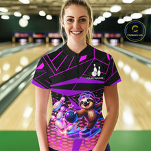 Load image into Gallery viewer, Person wearing a bowling shirt with a sloth graphic in a bowling alley