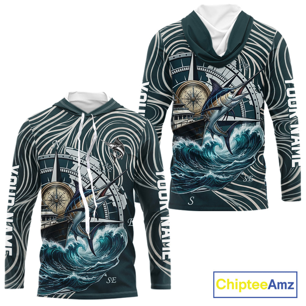 Marlin Fishing Hooded  Long Sleeve Shirt Ocean Wave Compass Design, UV Protection Performance Fishing Apparel NHT613