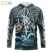 Load image into Gallery viewer, Marlin Fishing Hooded  Long Sleeve Shirt Ocean Wave Compass Design, UV Protection Performance Fishing Apparel NHT613