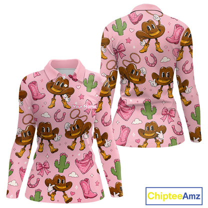 Personalized Women’s Western Polo Shirt Retro Pink Cowgirl Cartoon Pattern Custom Name