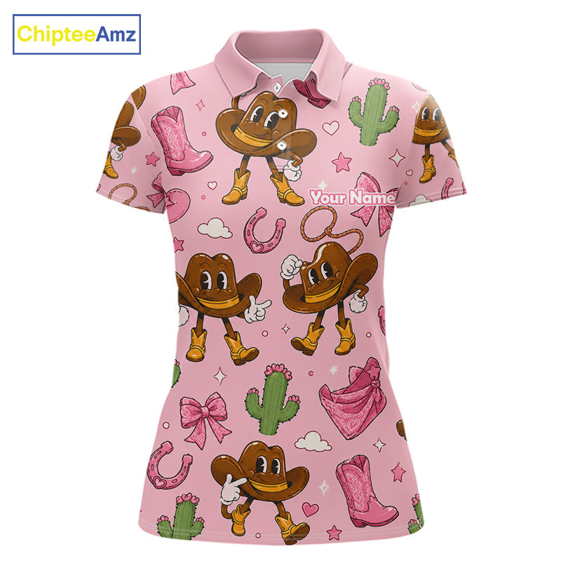 Personalized Women’s Western Polo Shirt Retro Pink Cowgirl Cartoon Pattern Custom Name NHT978 - Women's Short Sleeve Polo
...
