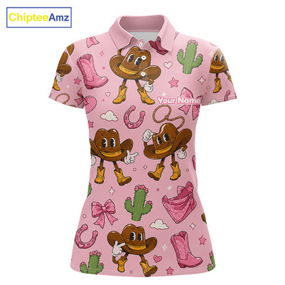 Personalized Women’s Western Polo Shirt Retro Pink Cowgirl Cartoon Pattern Custom Name NHT978 - Women's Short Sleeve Polo
...