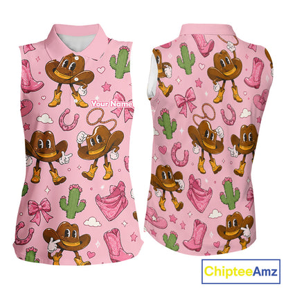 Personalized Women’s Sleeveless Western Polo Shirt Retro Pink Cowgirl Cartoon Pattern Custom Name NHT978 - Women's Sleevel...