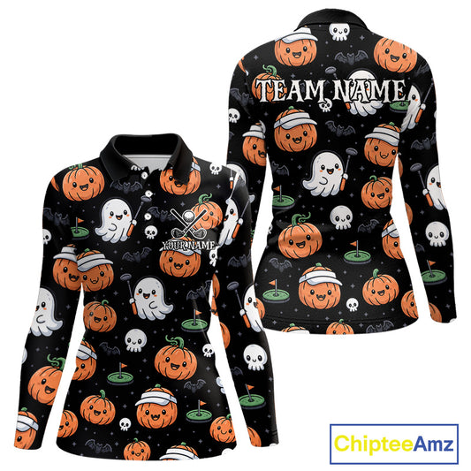 A women's long-sleeve polo shirt shown from the front and back on a white background. The shirt has a black base with an all-over Halloween print featuring orange pumpkins, white ghosts, skulls, bats, and green golf balls on a golf green.