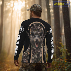 Custom Wild Hog Hunting Black Camo Forest 3D Printed Shirts, Hunting Gifts for Boar Hunter NHT262