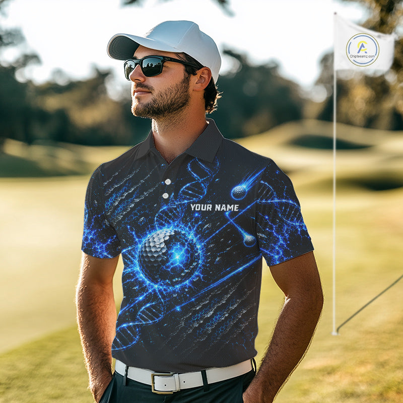 Man wearing a custom golf shirt with a blue design on a golf course